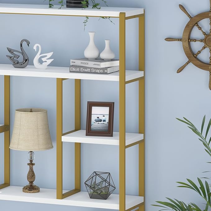 LVB Gold Book Shelf Organizer, Large Tall 6 Tier Bookshelves Storage, Big Modern Metal Wooden 6 Shelf Bookcase, Farmhouse Open Display Vertical Bookshelf for Bedroom Living Room Office, White and Gold - LeafyLoom