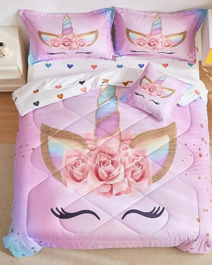 ADASMILE A & S Full Unicorn Comforter Sets for Girls 6 Pieces Pink Floral Unicorn Bedding Set with Colorful Cute Love Heart Sheets Full for Girls Unicorn Bed in a Bag Comforter for Home Decor - LeafyLoom