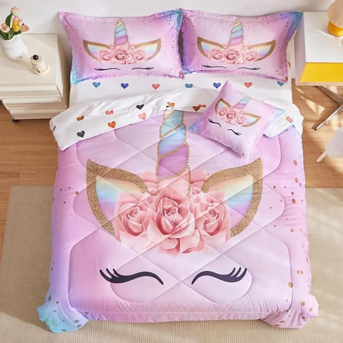 ADASMILE A & S Full Unicorn Comforter Sets for Girls 6 Pieces Pink Floral Unicorn Bedding Set with Colorful Cute Love Heart Sheets Full for Girls Unicorn Bed in a Bag Comforter for Home Decor - LeafyLoom