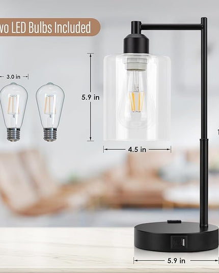 Yarra-Decor Industrial Bedside Table Lamp Set of 2 3-Way Dimmable Lamps for Bedroom Modern USB Nightstand Lamp with Glass Shade Reading Table Lamps for Office, Dorm (LED Bulb Included) - LeafyLoom