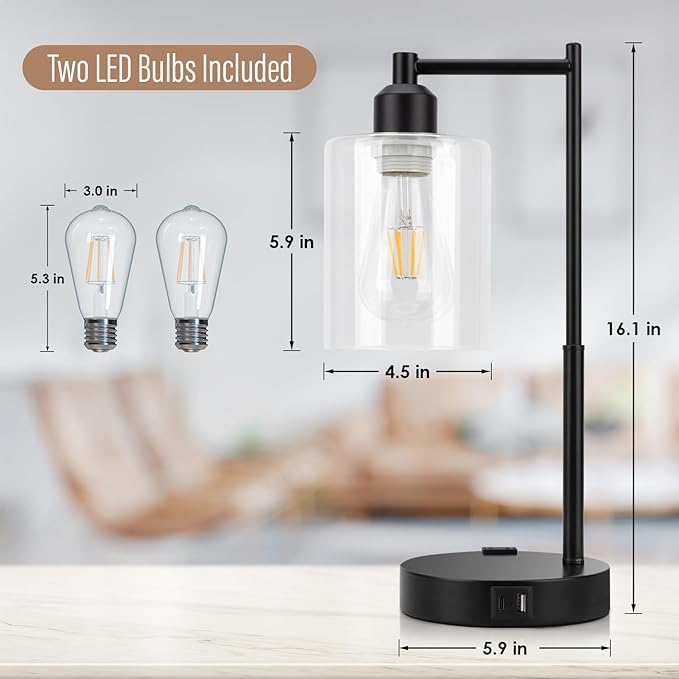 Yarra-Decor Industrial Bedside Table Lamp Set of 2 3-Way Dimmable Lamps for Bedroom Modern USB Nightstand Lamp with Glass Shade Reading Table Lamps for Office, Dorm (LED Bulb Included) - LeafyLoom