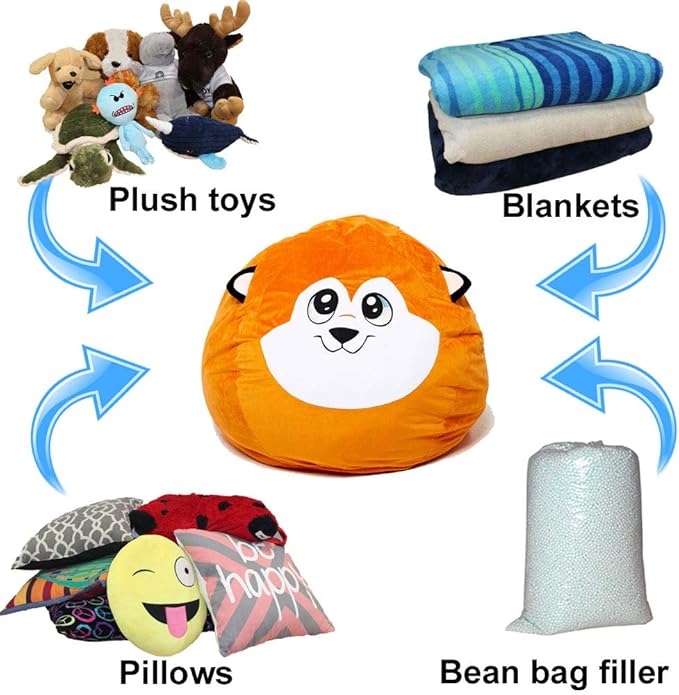 Extra Large Animal Bean Bag Chair Cover and Soft Toy and Linen Storage Organizer for Room Decor (Fox) - LeafyLoom