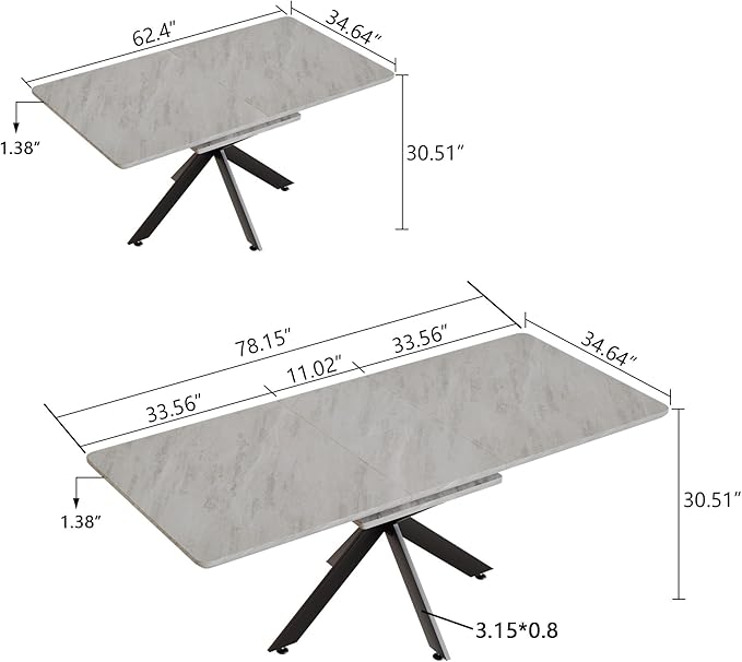 NicBex 62.4Inch Rectangular Extendable Dining Table,Mid-Century Modern Kitchen Table with Black Metal X-Shape Legs for 6 to 8,Large Dining Room Table for Kitchen,Meeting Room and Living Room,Grey - LeafyLoom