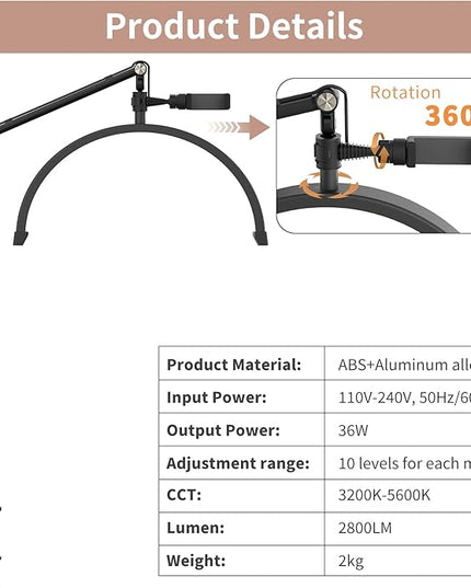 Half Moon Light for Lashes, 22Inch LED Nail Desk Lamp, Lash Light for Eyelash Tech, Esthetician, Office, Beauty, Skincare, Tattoo, Facial, Filming with Remote Control Black - LeafyLoom