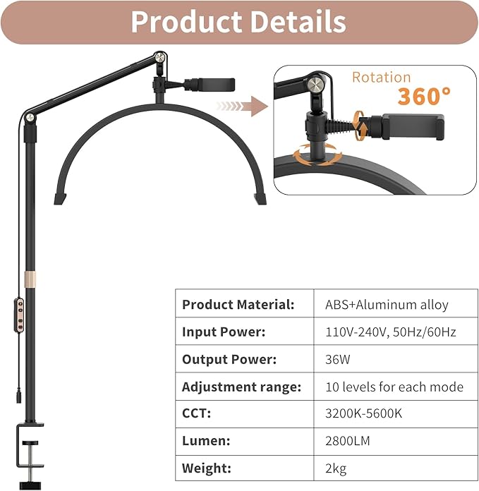 Half Moon Light for Lashes, 22Inch LED Nail Desk Lamp, Lash Light for Eyelash Tech, Esthetician, Office, Beauty, Skincare, Tattoo, Facial, Filming with Remote Control Black - LeafyLoom