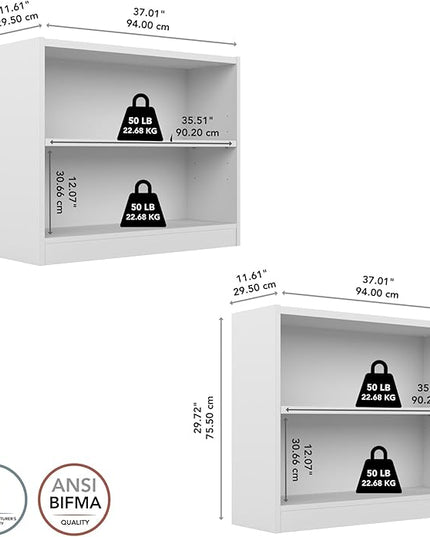 Bush Furniture Universal Small 2 Shelf Bookcase in White - Set of 2, Matching Storage and Display Bookshelves for Home Office or Living Room Organization - LeafyLoom