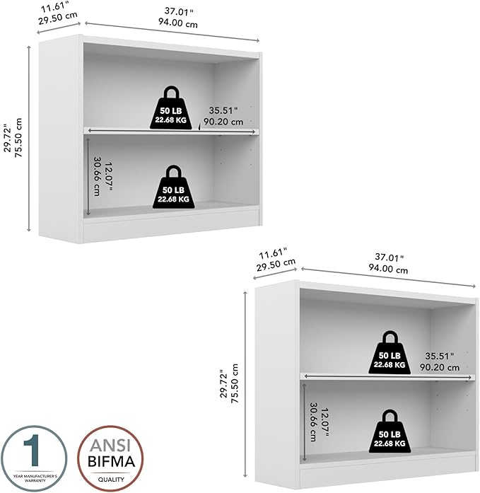 Bush Furniture Universal Small 2 Shelf Bookcase in White - Set of 2, Matching Storage and Display Bookshelves for Home Office or Living Room Organization - LeafyLoom