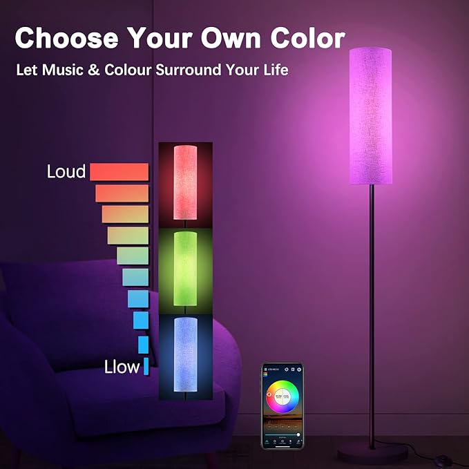 RGB Floor Lamp LED Smart: Standing Lamp Work with Alexa & Google Home | Tall Modern Bright Corner Lamps with Remote & WiFi APP for Living Room Bedroom Office Dorm, Simple Linen Lampshade Dimming Light - LeafyLoom