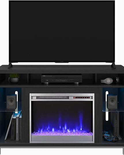 Ameriwood Home Lumina Fireplace TV Stand for TVs up to 48 Inch, Replaceable Electric Fireplace Insert Heater, Remote Control, Timer, Color Changing LED Lights, Crystal Ember Flames, Black Oak - LeafyLoom