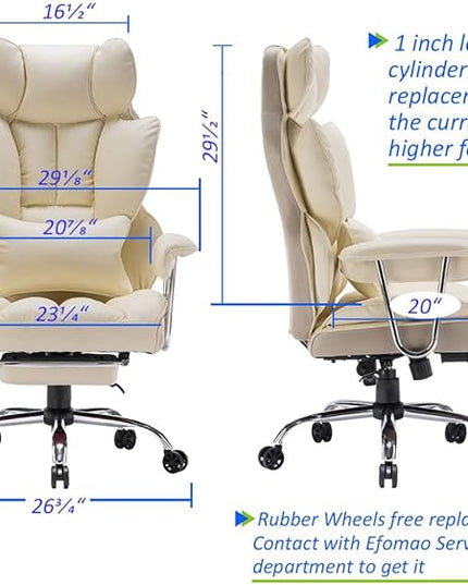 Desk Office Chair 400LBS, Big and Tall Office Chair, PU Leather Computer Chair, Executive Office Chair with Leg Rest and Lumbar Support, Beige Office Chair - LeafyLoom