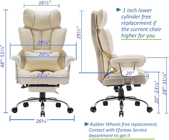 Desk Office Chair 400LBS, Big and Tall Office Chair, PU Leather Computer Chair, Executive Office Chair with Leg Rest and Lumbar Support, Beige Office Chair - LeafyLoom