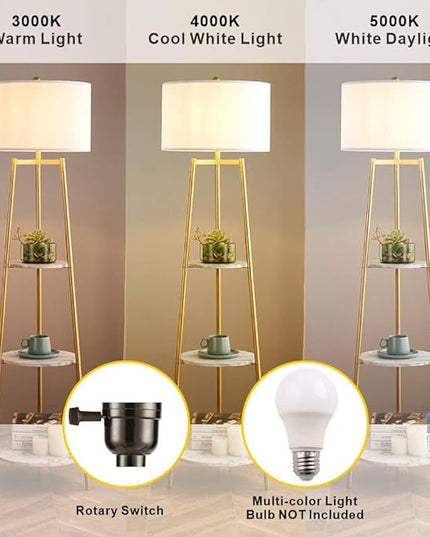 Floor Lamp, Standing Reading Light with Faux Marble Shelves and Fabric Shade, Modern Tall Pole, Accent Furniture Décor Lighting for Living Room, Bedrooms - LeafyLoom