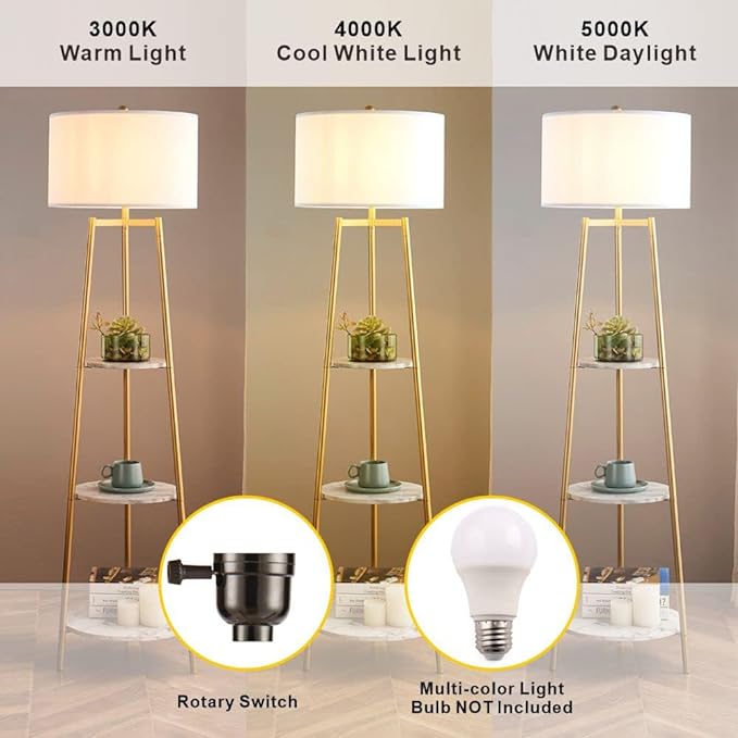 Floor Lamp, Standing Reading Light with Faux Marble Shelves and Fabric Shade, Modern Tall Pole, Accent Furniture Décor Lighting for Living Room, Bedrooms - LeafyLoom
