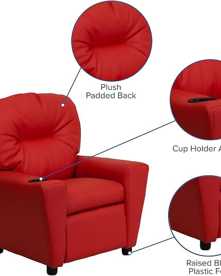 Flash Furniture Chandler Vinyl Kids Recliner with Cup Holder and Safety Recline, Contemporary Reclining Chair for Kids, Supports up to 90 lbs., Red - LeafyLoom