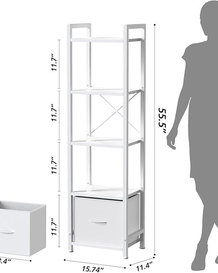 Narrow-Bookshelf-With-Storage-Drawer, 5-Tier Small Standing Book Shelf Organizer For Small Space, Tall Thin Bookcase Shelf For Bedroom Living Room Office, Wooden Shelving Unit Rack For Display - LeafyLoom