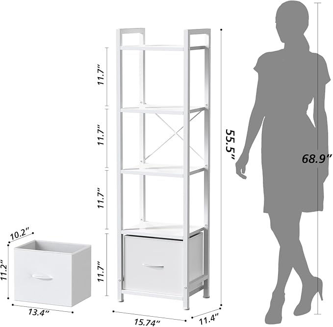 Narrow-Bookshelf-With-Storage-Drawer, 5-Tier Small Standing Book Shelf Organizer For Small Space, Tall Thin Bookcase Shelf For Bedroom Living Room Office, Wooden Shelving Unit Rack For Display - LeafyLoom