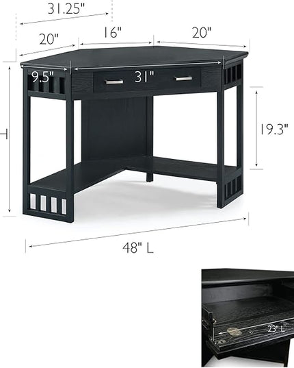 Leick Home 83430 Corner Computer/Writing Desk with Center Keyboard Drawer and Shelf, Black Oak - LeafyLoom