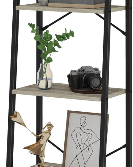 Ladder Shelf, Bookshelf Bookcase, Freestanding Corner Storage Shelve with 2 Hooks for Home Office, Living Room, Kitchen, Bedroom, Industrial, 5-Tier Greige BC19205B - LeafyLoom