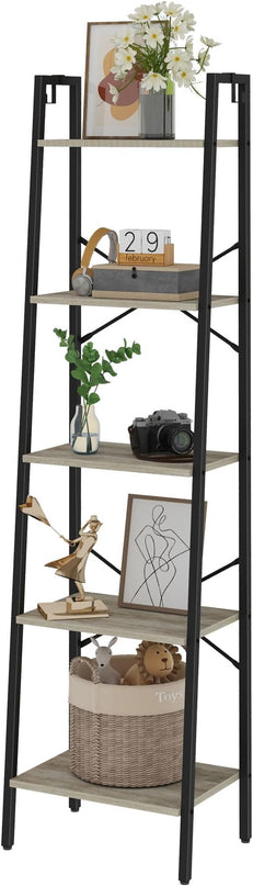 Ladder Shelf, Bookshelf Bookcase, Freestanding Corner Storage Shelve with 2 Hooks for Home Office, Living Room, Kitchen, Bedroom, Industrial, 5-Tier Greige BC19205B - LeafyLoom