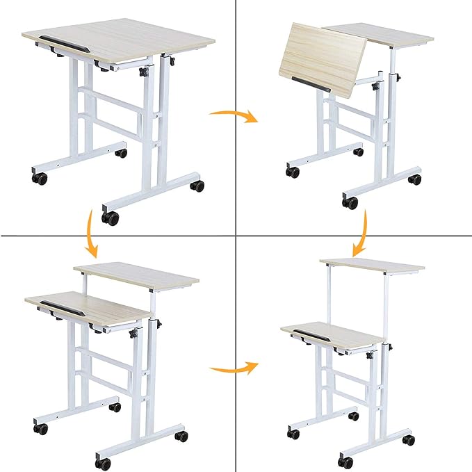 soges Mobile Standing DeskAdjustable Height, Roling Sit-Stand Desk, Small Standing Computer Desk Workstation on Wheels, Sit Stand Up Desk for Home Office, Oak - LeafyLoom
