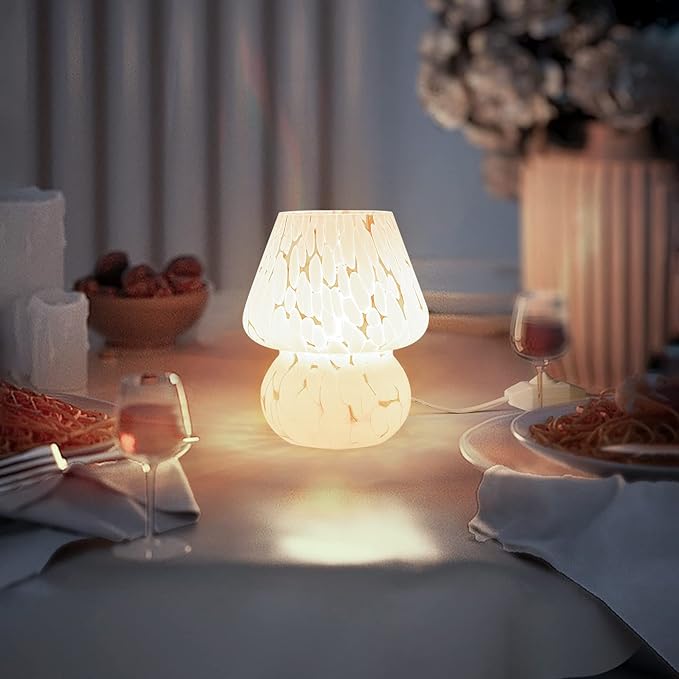Mushroom Lamp Small Bedside Table Lamp-Nightstand Nightlight Dimmable Stepless, Translucent Glass White Desk Lamp for Bedroom Dorm Living Kitchen, Murano Style Aesthetic Cute Home Decor Gift - LeafyLoom