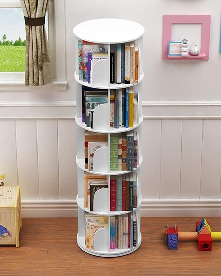 5 Tier 360° Rotating Stackable Shelves Bookshelf Organizer (White) - LeafyLoom