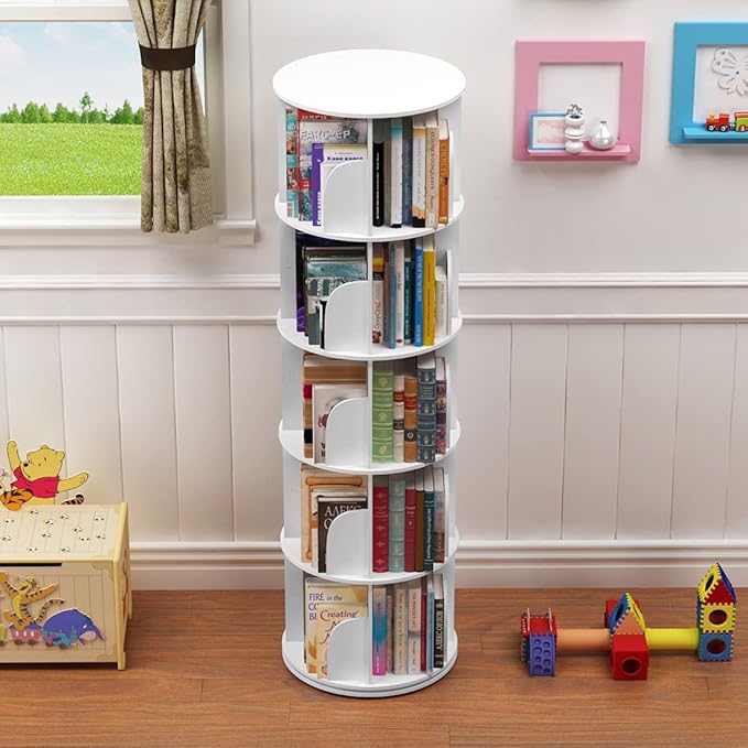 5 Tier 360° Rotating Stackable Shelves Bookshelf Organizer (White) - LeafyLoom