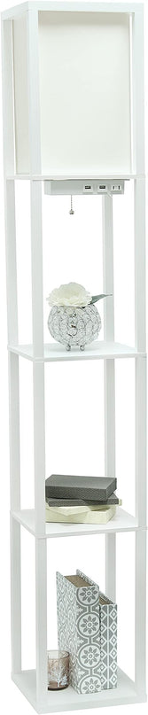 Simple Designs LF1037-WHT Floor Lamp Etagere Organizer Storage Shelf with 2 USB Charging Ports, 1 Charging Outlet and Linen Shade, White - LeafyLoom