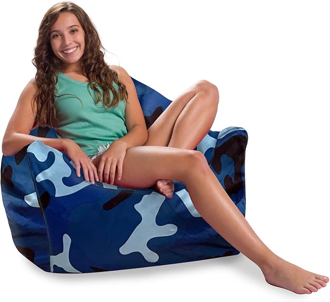 Posh Creations Structured Comfy Bean Bag Chair for Gaming, Reading and Watching TV, Malibu Lounge, Nylon - Camo Blue and Light Blue - LeafyLoom