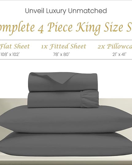 100% Egyptian Cotton Sheets King Size Sheets Set, Luxury Deep Pocket King Sheets, 1000 Thread Soft & Ultra Smooth Sheets King, 4 Piece Bedding Sheets & Pillowcases, Cool Durable Dark Grey Sheets - LeafyLoom