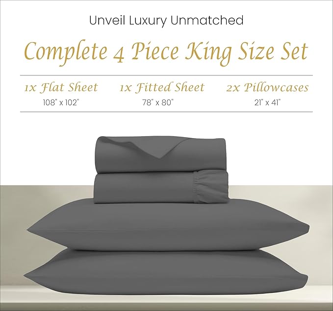 100% Egyptian Cotton Sheets King Size Sheets Set, Luxury Deep Pocket King Sheets, 1000 Thread Soft & Ultra Smooth Sheets King, 4 Piece Bedding Sheets & Pillowcases, Cool Durable Dark Grey Sheets - LeafyLoom