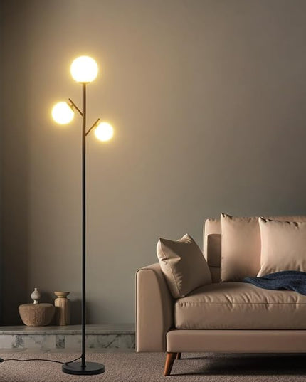 3 Globe Modern Black Floor Lamp, Mid Century Contemporary Standing Lamp with Sphere Frosted Glass Shade and Warm White LED Bulbs, LED Tall Pole Tree Lamp for Living Room, Bedroom, Hotel - LeafyLoom