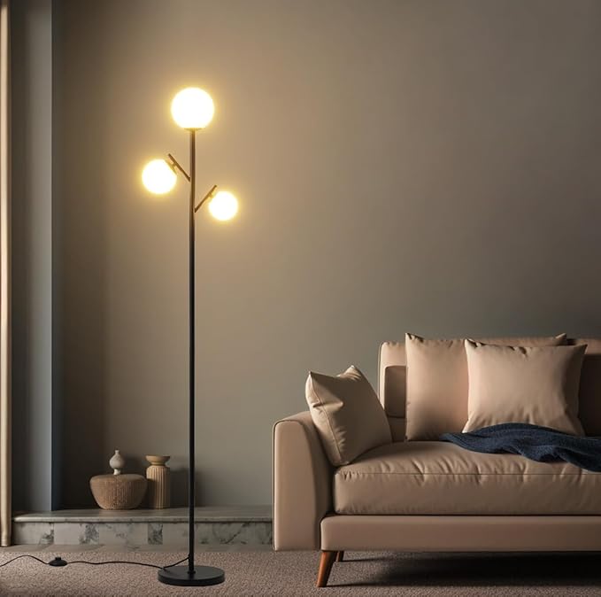 3 Globe Modern Black Floor Lamp, Mid Century Contemporary Standing Lamp with Sphere Frosted Glass Shade and Warm White LED Bulbs, LED Tall Pole Tree Lamp for Living Room, Bedroom, Hotel - LeafyLoom
