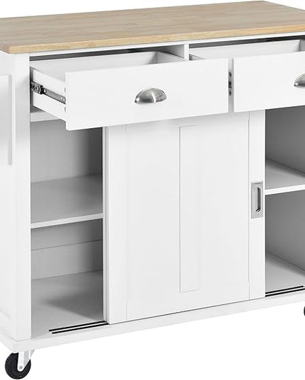 Kitchen Island with Storage, Rolling Table on Wheels w/Storage Cabinet and 2 Drawers for Dinning Room, Rubber Wood Contertop - LeafyLoom