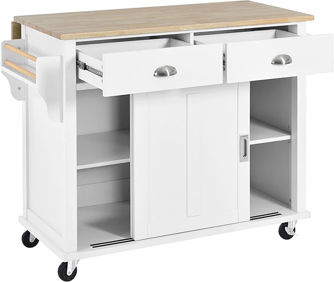 Kitchen Cart with Rubber Wood Drop-Leaf Countertop and Sliding Barn Door, Rolling Mobile Kitchens Island on Wheels w/Storage and Towel Rack for Dining Room Kitchen - LeafyLoom