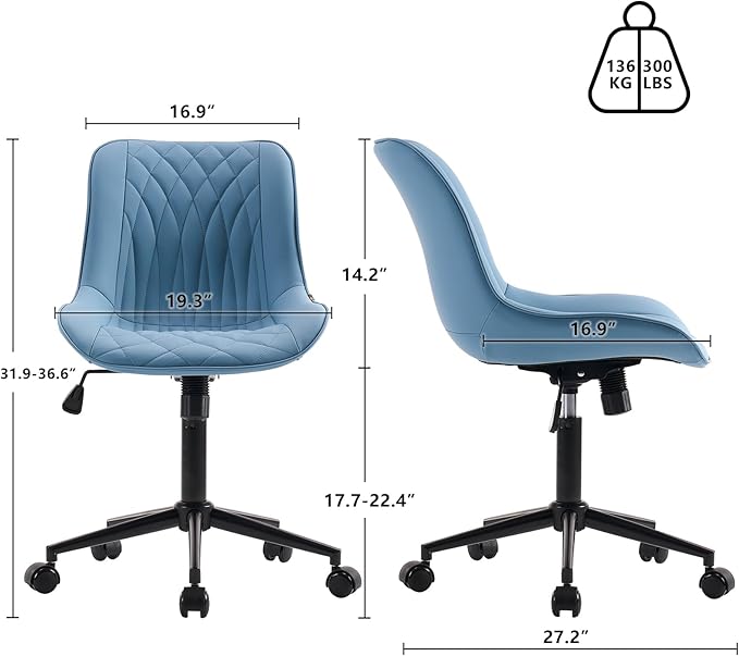 YOUNIKE Desk Chair with Wheels Armless Office Chair Swivel Rolling Task Chair with Back Upholstered Faux Leather Computer Chair Height Adjustable Modern Ergonomic Seat, Loads 300 lbs, Blue - LeafyLoom