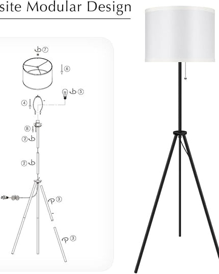 BoostArea Floor Lamp for Living Room, 59.5" Tripod Floor Lamp, White Linen Lamp Shade, Mid Century Standing Lamp for Living Room, Bedroom, Study Room and Office（Bulbs Not Included） - LeafyLoom