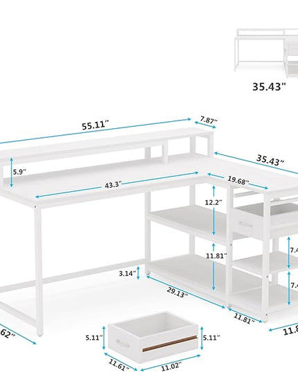 Reversible L-Shaped Computer Desk with hutch & Shelf,white - LeafyLoom