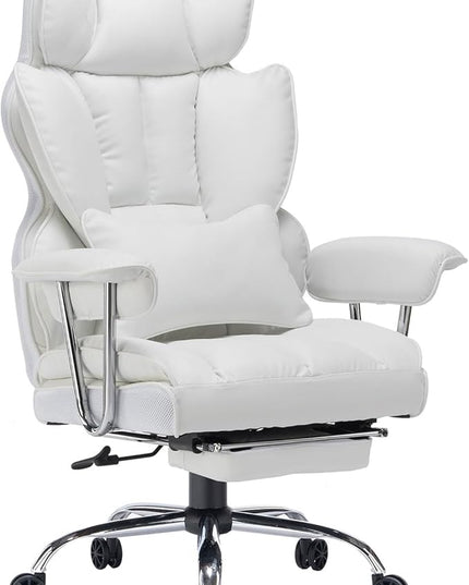 Desk Office Chair 400LBS, Big and Tall Office Chair, PU Leather Computer Chair, Executive Office Chair with Leg Rest and Lumbar Support, White Office Chair - LeafyLoom