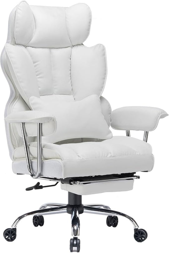 Desk Office Chair 400LBS, Big and Tall Office Chair, PU Leather Computer Chair, Executive Office Chair with Leg Rest and Lumbar Support, White Office Chair - LeafyLoom