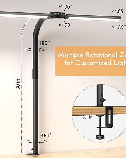Quntis Double Head LED Tall Desk Lamp for Home Office, 31.5-inch Foldable Computer Desk Light with Clamp, Dimmable Dual Monitor Light Bar for Curved Screen Architect Drafting Design - 32 Modes - LeafyLoom