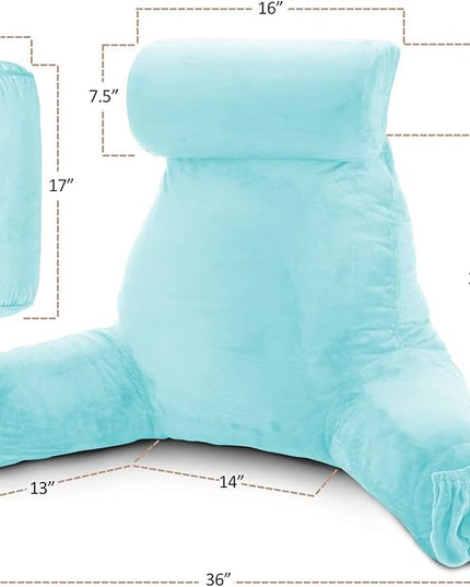Clara Clark Reading Pillow, Large Back Pillow for Sitting Up in Bed, Memory Foam Back Support Pillow, Reading Pillows for Sitting in Bed Adult, Light Blue Sit Up Pillow for Bed with Arms and Pockets - LeafyLoom