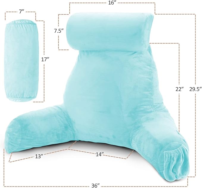 Clara Clark Reading Pillow, Large Back Pillow for Sitting Up in Bed, Memory Foam Back Support Pillow, Reading Pillows for Sitting in Bed Adult, Light Blue Sit Up Pillow for Bed with Arms and Pockets - LeafyLoom