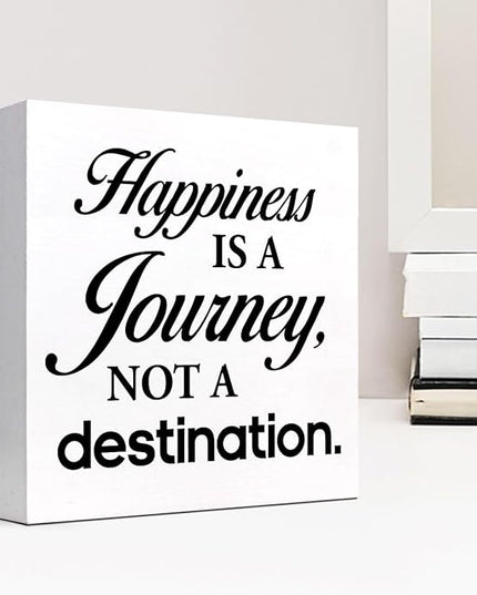 Motivational Wood Box Sign Desk Decor,Happiness is a Journey not a Destination Wood Plaque Signs,Rustic Wooden Block Sign Decor for Home Office Shelf Table Decoration C1081 - LeafyLoom