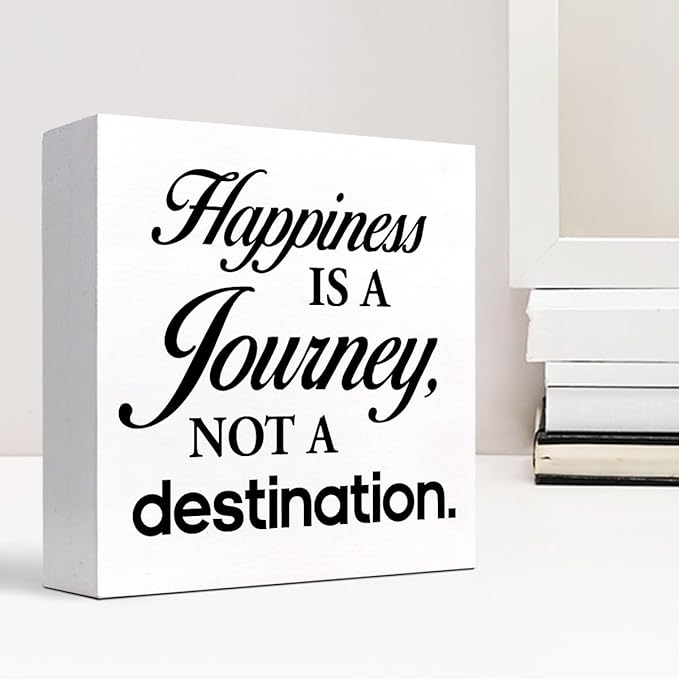 Motivational Wood Box Sign Desk Decor,Happiness is a Journey not a Destination Wood Plaque Signs,Rustic Wooden Block Sign Decor for Home Office Shelf Table Decoration C1081 - LeafyLoom