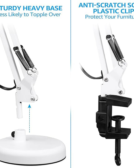 TORCHSTAR Metal Desk Lamp, Swing Arm Desk Lamps, Architect Desk Lamp with Clamp, Adjustable Gooseneck Table Lamp, Clip Desk Lights for Home Office, Work, Study, Reading, E26 Base, Multi-Joint, White - LeafyLoom