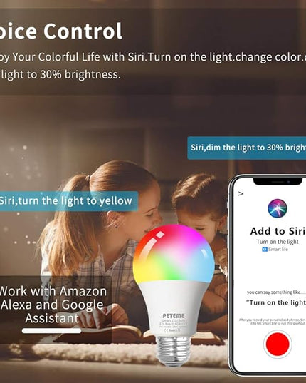 Peteme Smart WiFi Light Bulbs, Led RGB Color Changing Bulbs Compatible with Alexa, Siri,Echo, Google Home, A19 E26 60W Smart Bulbs 1 Pack Peteme