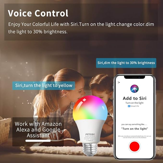 Peteme Smart WiFi Light Bulbs, Led RGB Color Changing Bulbs Compatible with Alexa, Siri,Echo, Google Home, A19 E26 60W Smart Bulbs 1 Pack Peteme