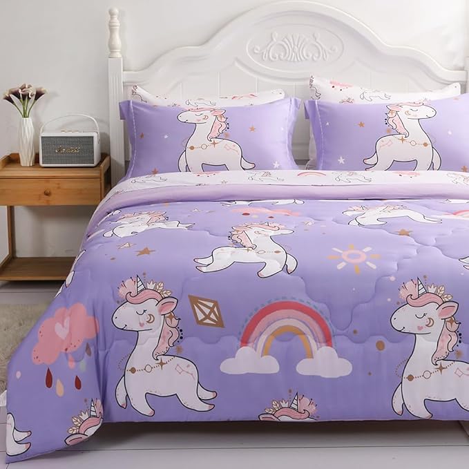 Wajade Kids Purple Unicorn Comforter Set Bed in A Bag Twin Size 7 Piece Cute Unicorn Rainbow Clouds Bedding Set for Girls (1 Comforter, 1 Flat Sheet, 1 Fitted Sheet, 2 Pillowcase and 2 Pillow Sham) - LeafyLoom