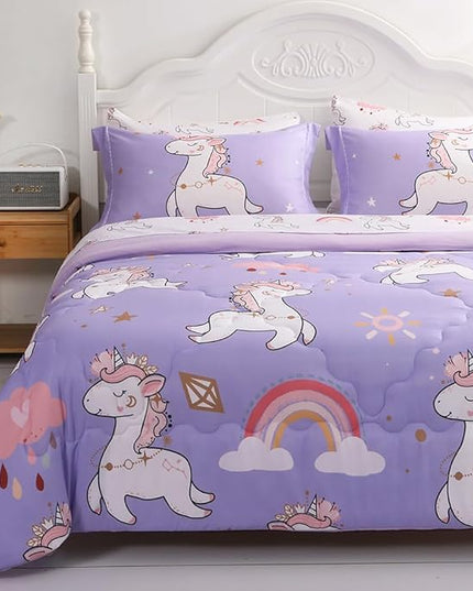 Wajade Kids Purple Unicorn Comforter Set Bed in A Bag Full Size 7 Piece Cute Unicorn Rainbow Clouds Bedding Set for Girls (1 Comforter, 1 Flat Sheet, 1 Fitted Sheet, 2 Pillowcase and 2 Pillow Sham) - LeafyLoom